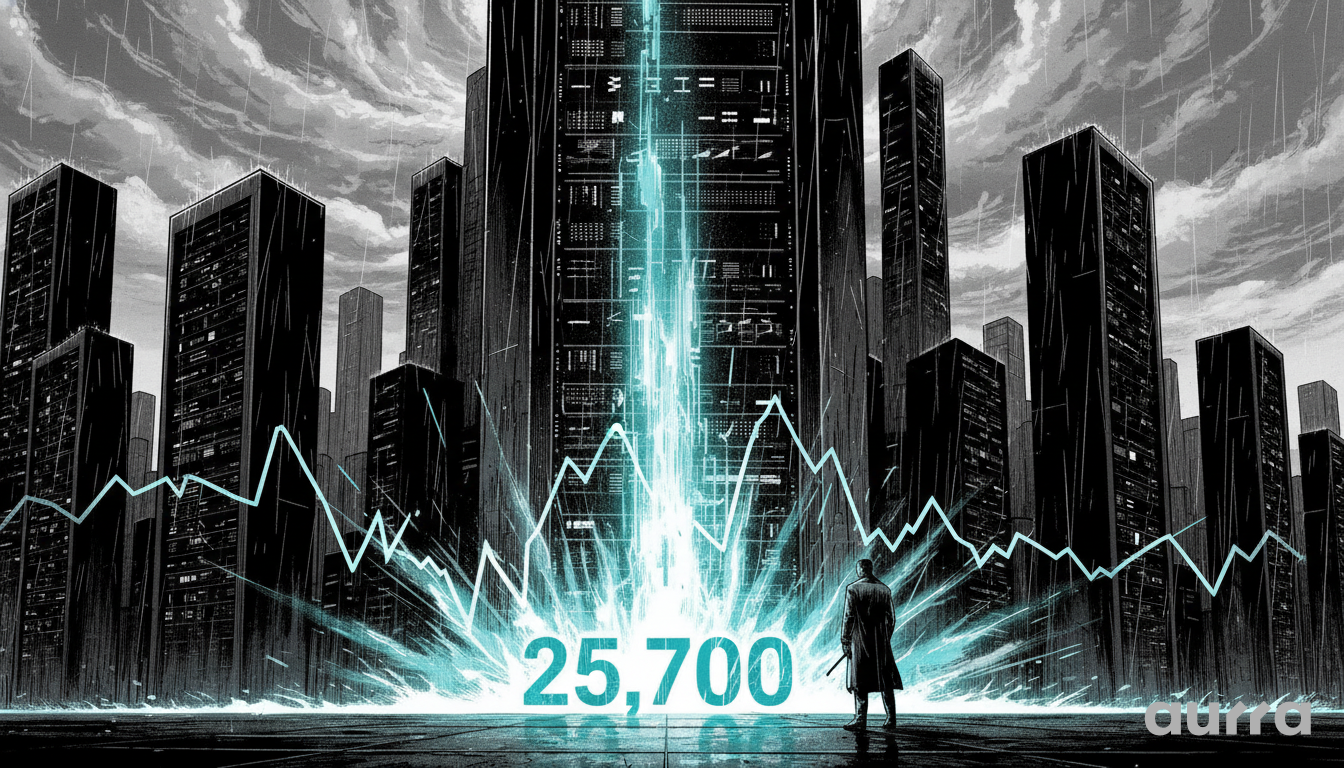 Noir-style illustration of a man in a trench coat facing a massive glowing blue energy beam erupting between towering dark skyscrapers. A jagged line chart overlay and the prominent teal number 25,700 symbolize the sharp technical bounce and critical support level of the Nasdaq index.