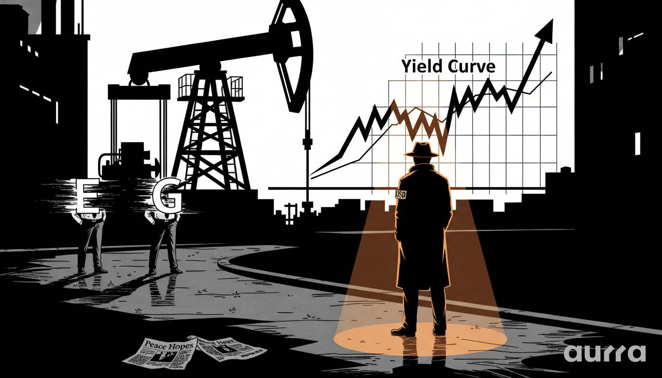 Illustration of a man in a trench coat with USD on his sleeve standing in a spotlight. Fading figures labeled E and G stand near a discarded Peace Hopes newspaper, while an oil pumpjack and a rising Yield Curve chart dominate the background.