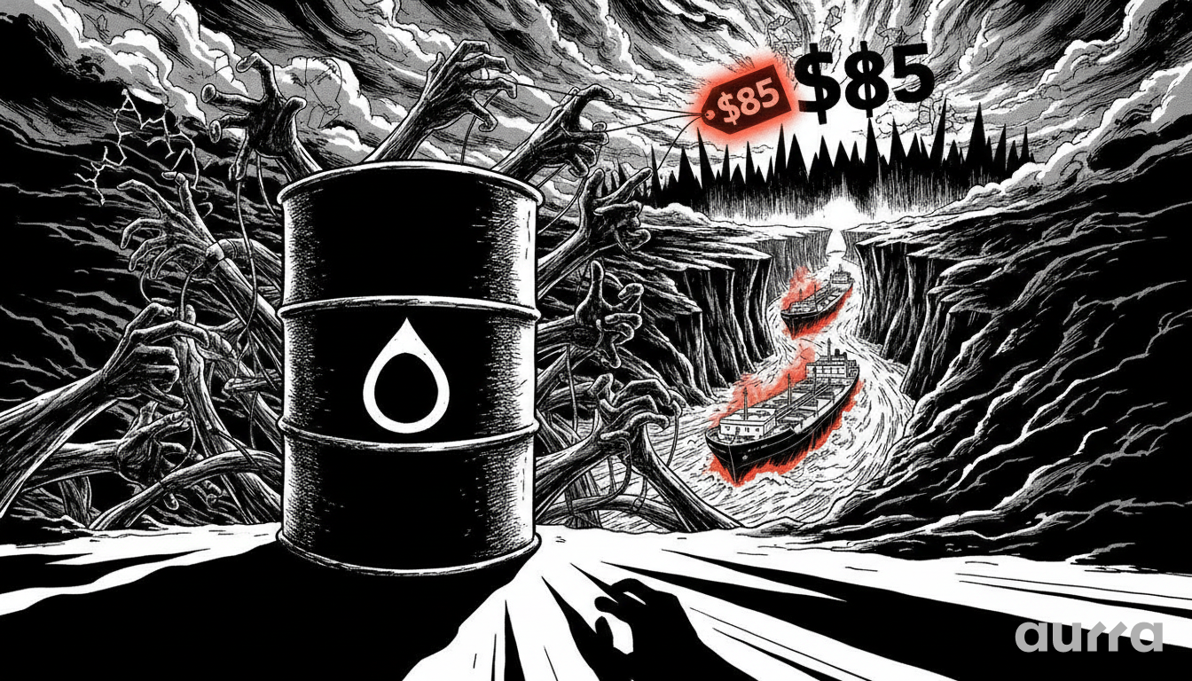 A black and white sketch drawing in image_ce221a.jpg showing an oil barrel with a white drop symbol, surrounded by skeletal hands. A price tag of $85 is shown. In the background, two cargo ships sail through a cracked channel with smoke rising.