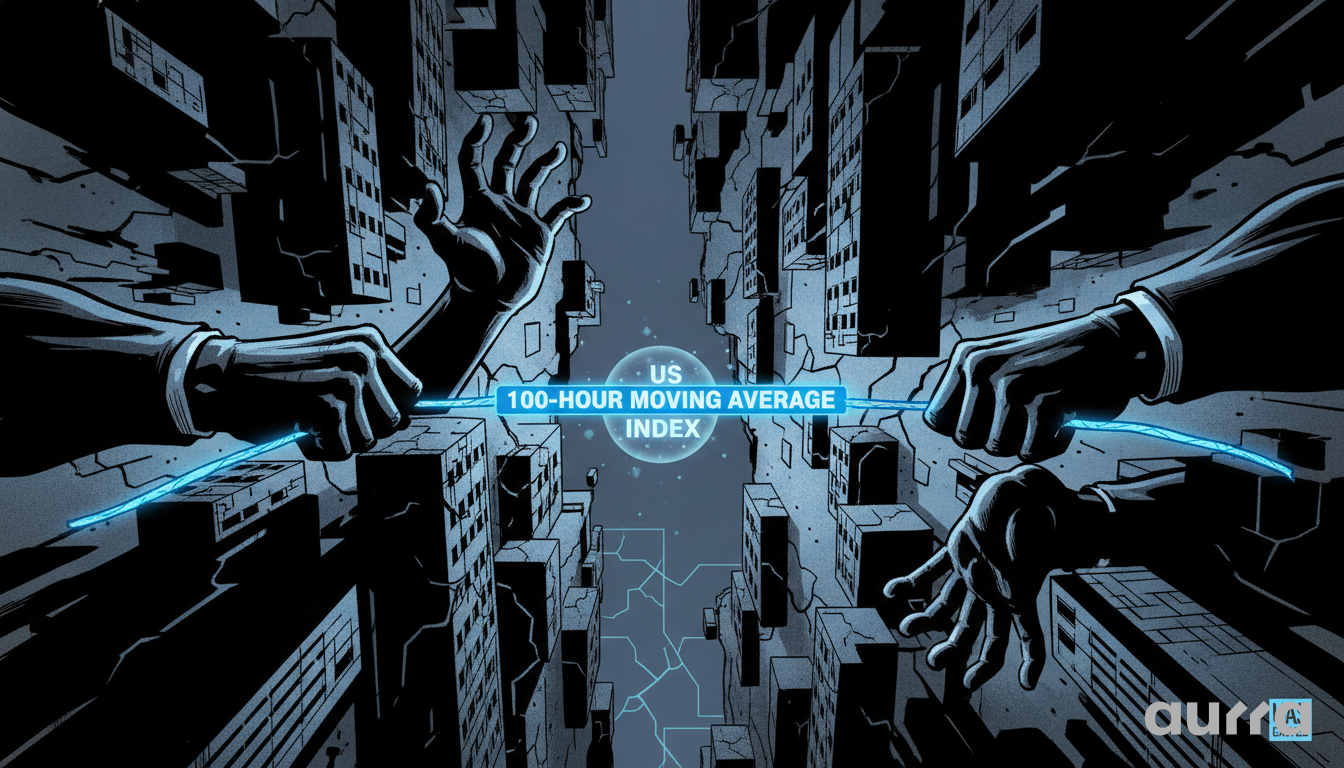 Illustration of two giant silhouetted hands pulling a glowing blue line labeled US 100-HOUR MOVING AVERAGE INDEX across a chasm between two dark cityscapes.
