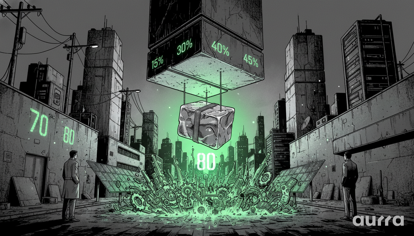 Noir-style illustration of two men in suits watching a massive stone block suspended over a glowing green crater filled with gears and solar panels. Numbers 70, 80, and percentages 15%, 30%, 40%, 45% appear on the walls and structures, visualizing the $70-$90 range, $80 pivot, and the clash between industrial demand and rate pressures.