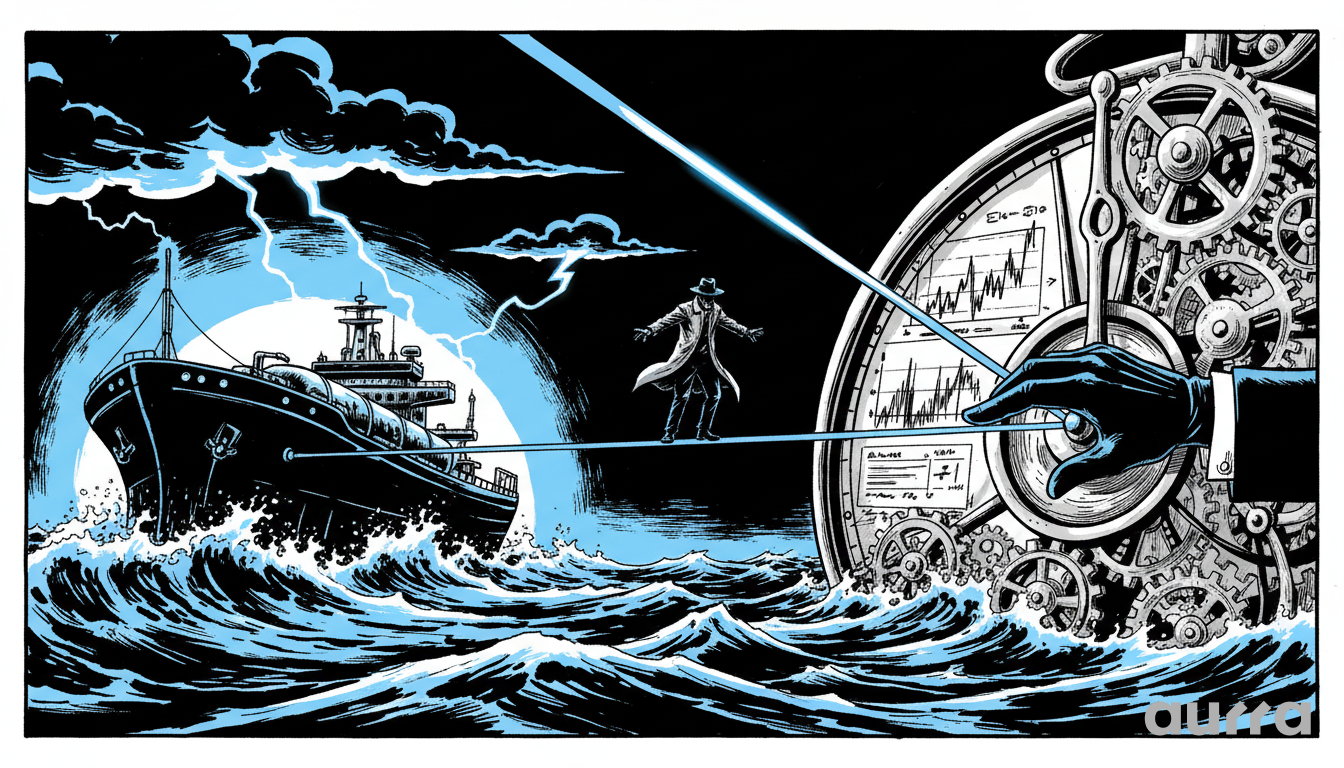 Illustration of a man in a trench coat balancing on a glowing blue tightrope. The rope connects a tanker ship navigating a stormy, lightning-filled ocean to a giant mechanical clock face displaying financial charts and gears manipulated by a gloved hand.
