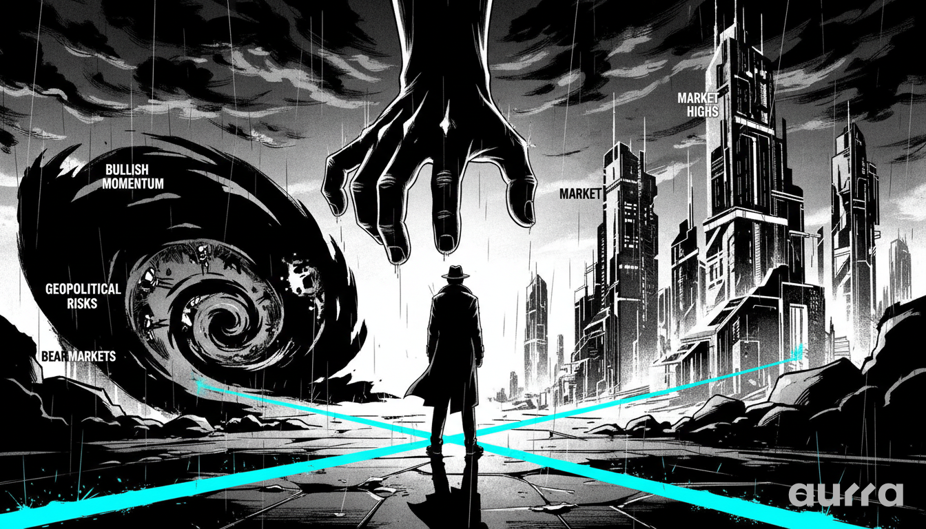 A detective-like figure in a surreal landscape observing a giant hand reaching for a futuristic city while a dark vortex represents bearish risks, encapsulating the weekly outlook for traders in image_f91572.jpg.