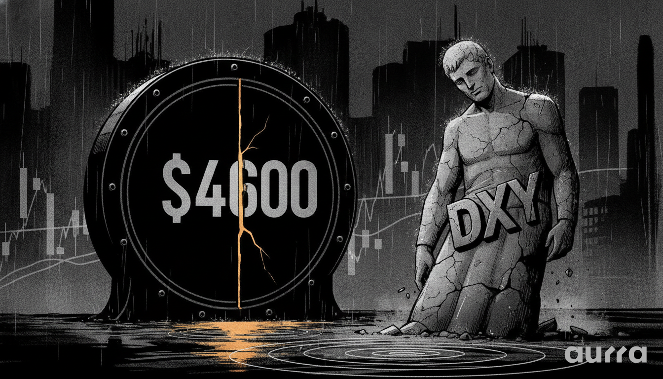 A sketch drawing in image_8b7f78.jpg showing a cracked stone statue with the letters DXY leaning against a large dark disc labeled $4600 with a glowing crack down the middle, set against a dark city skyline.