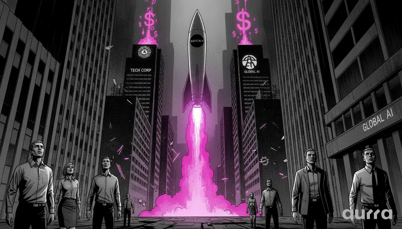 A noir-style illustration showing a sleek rocket ascending into a dark starry sky next to a descending financial line chart visible.
