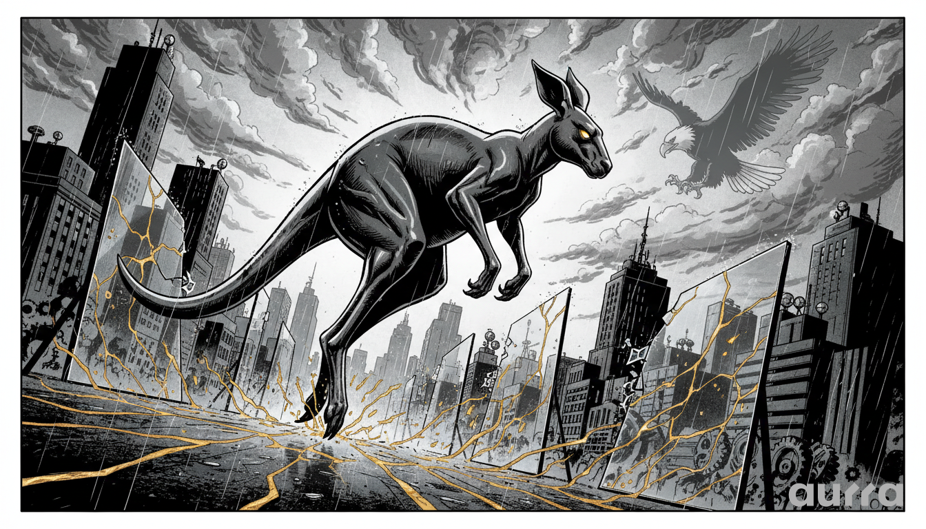 Noir-style illustration of a metallic kangaroo leaping through a series of glass panels labeled with resistance levels, soaring toward a stormy sky where an eagle watches, symbolizing the Australian Dollar's breakout against the US Dollar.