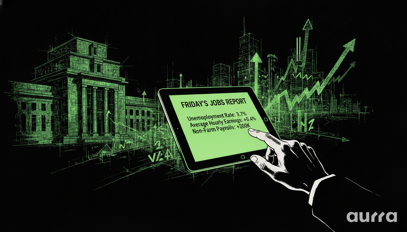 A green and black sketch in image_72177d.jpg showing a hand pointing at a tablet displaying jobs report data, with a bank building, city towers, and upward trend lines in the background.