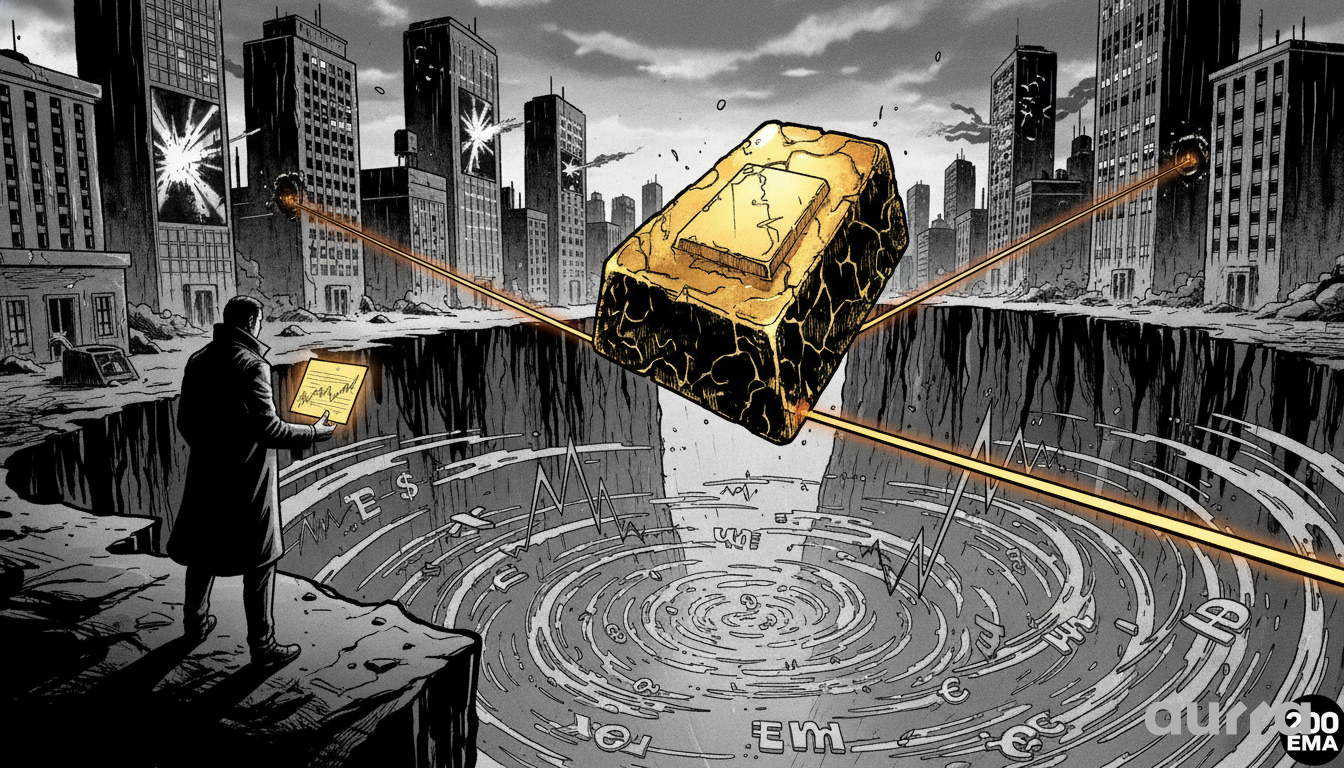 Noir-style illustration of a man in a trench coat holding a document, looking over a deep chasm containing a swirling vortex of currencies and charts. A massive cracked gold bar is suspended over the chasm by glowing lasers from surrounding skyscrapers, with the text 200 EMA visible in the corner, representing the critical support level.