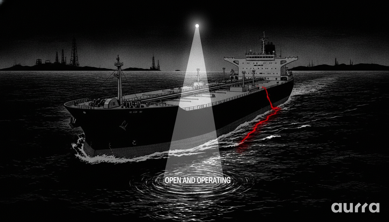 A sketch drawing in image_a1906b.jpg showing a large cargo ship at night illuminated by a spotlight beam with the text OPEN AND OPERATING, featuring a glowing red line along the hull.
