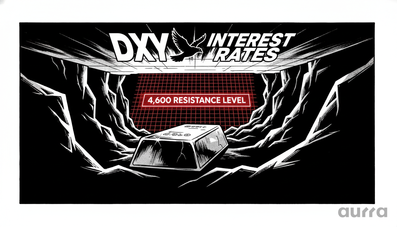 A stylized graphic featuring a gold bar in a dark, cavernous space, with a red glowing grid overlay labeled 4,600 Resistance Level, symbolizing the pressure of DXY and interest rates on gold prices.