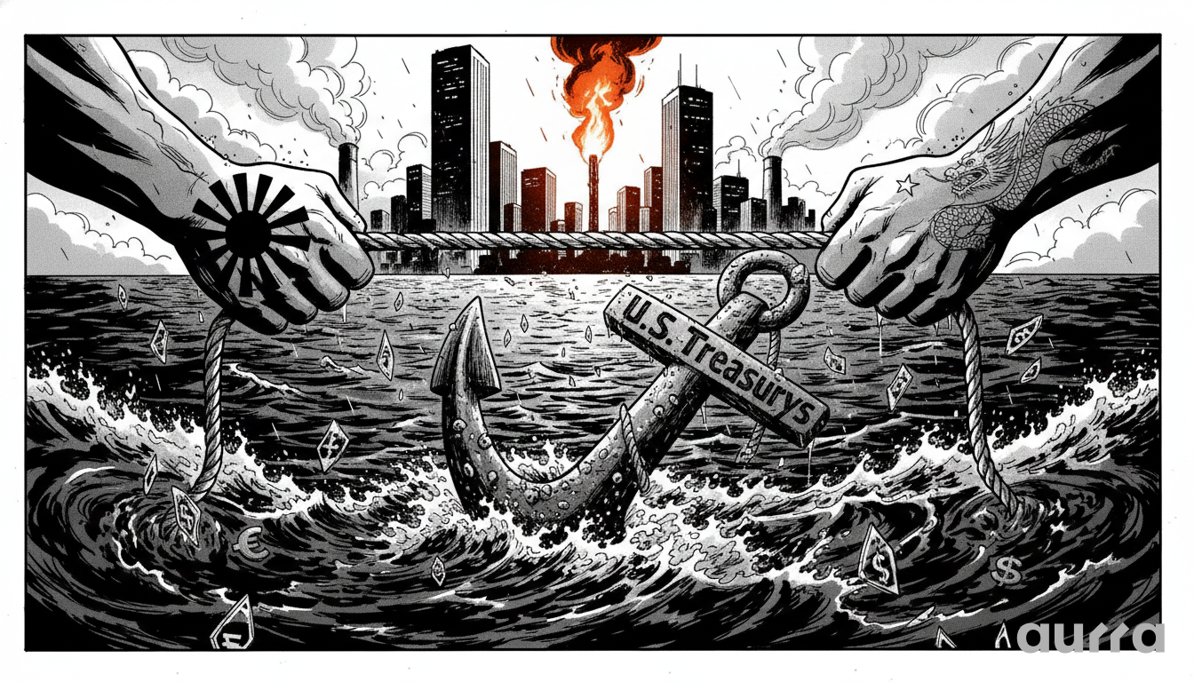Noir-style illustration of two arms with rising sun and dragon tattoos pulling a rope attached to a giant anchor labeled U.S. Treasurys. The anchor drags through stormy waters filled with currency symbols, while a burning city sits in the background, representing the economic strain of the Iran war.