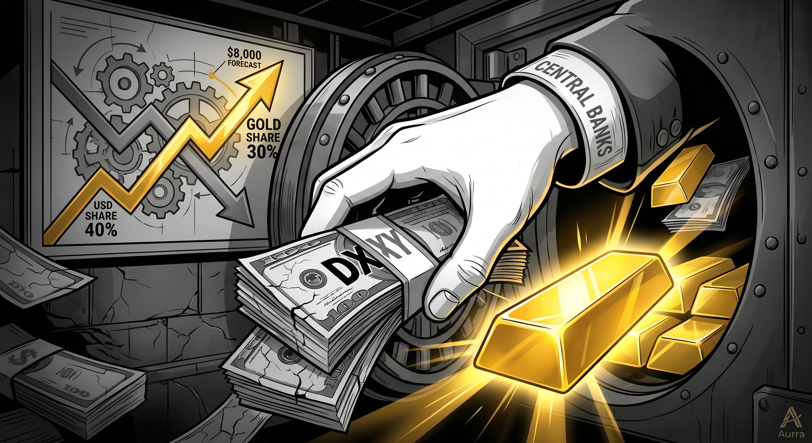 Illustration of a massive hand with a 'CENTRAL BANKS' cuff, swapping stacks of US Dollar bills labeled DXY for solid, glowing gold bars. In the dark background, a chart displays an downward gray arrow showing 40% USD Share, crossed by a sharp upward golden arrow showing 30% Gold Share, pointing toward text reading $8,000 FORECAST.