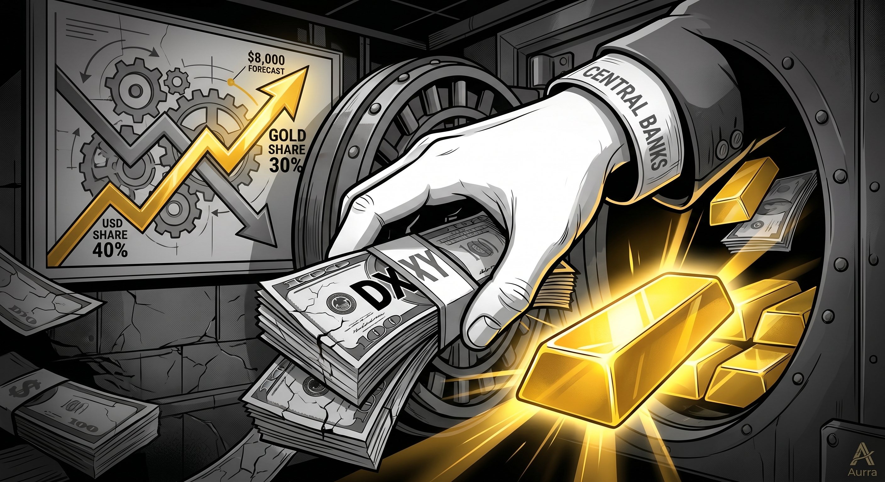 Illustration of a massive hand with a 'CENTRAL BANKS' cuff, swapping stacks of US Dollar bills labeled DXY for solid, glowing gold bars. In the dark background, a chart displays an downward gray arrow showing 40% USD Share, crossed by a sharp upward golden arrow showing 30% Gold Share, pointing toward text reading $8,000 FORECAST.