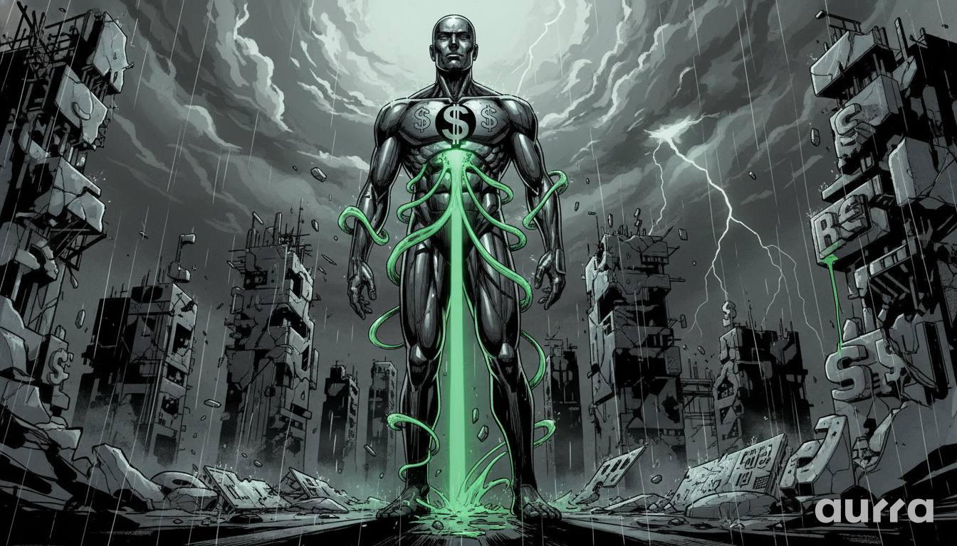 Noir-style illustration of a towering metallic man with a dollar sign on his chest, standing amid ruined city buildings during a thunderstorm. Glowing green energy flows from his torso, symbolizing the strengthening US Dollar and market pressure
