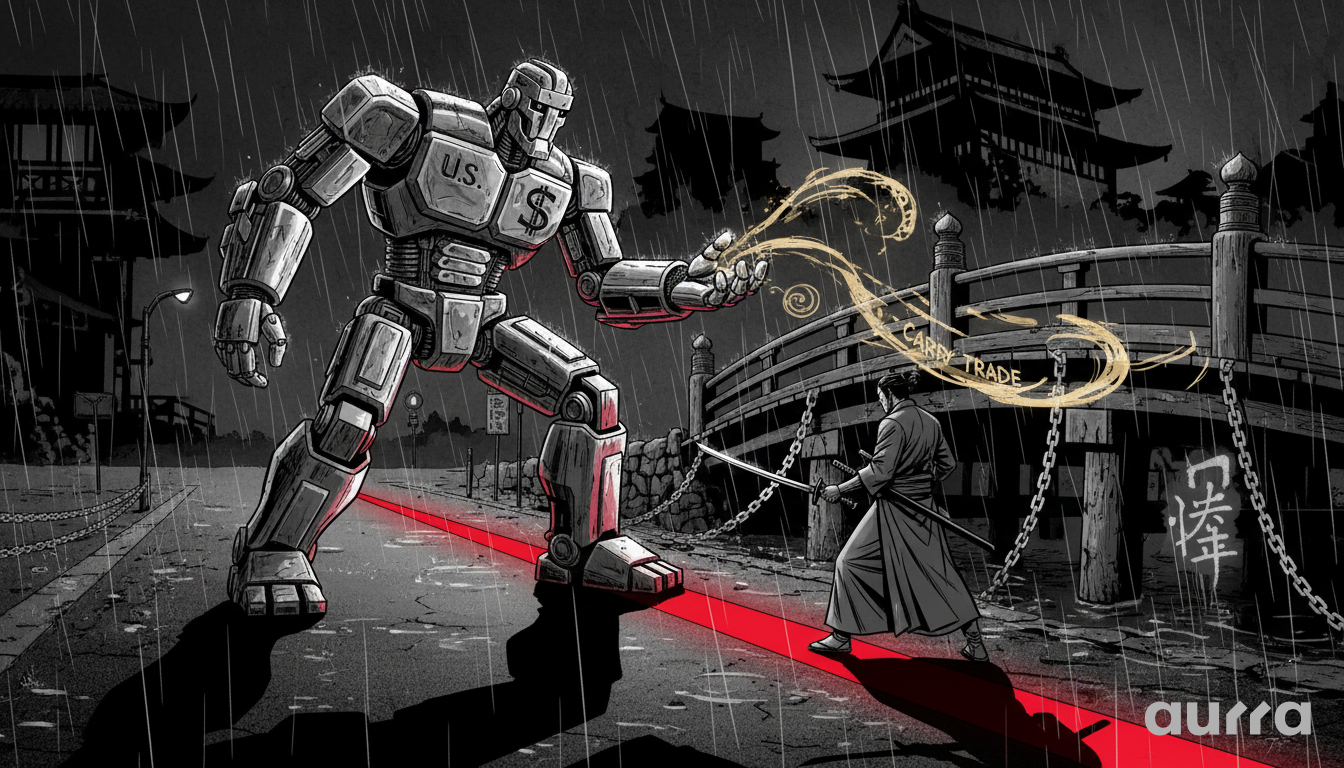 Illustration of a massive mechanical robot with U.S. $ on its chest facing a samurai with a sword. A red glowing line is painted on the ground between them, while a magical stream labeled CARRY TRADE connects them in the rain.