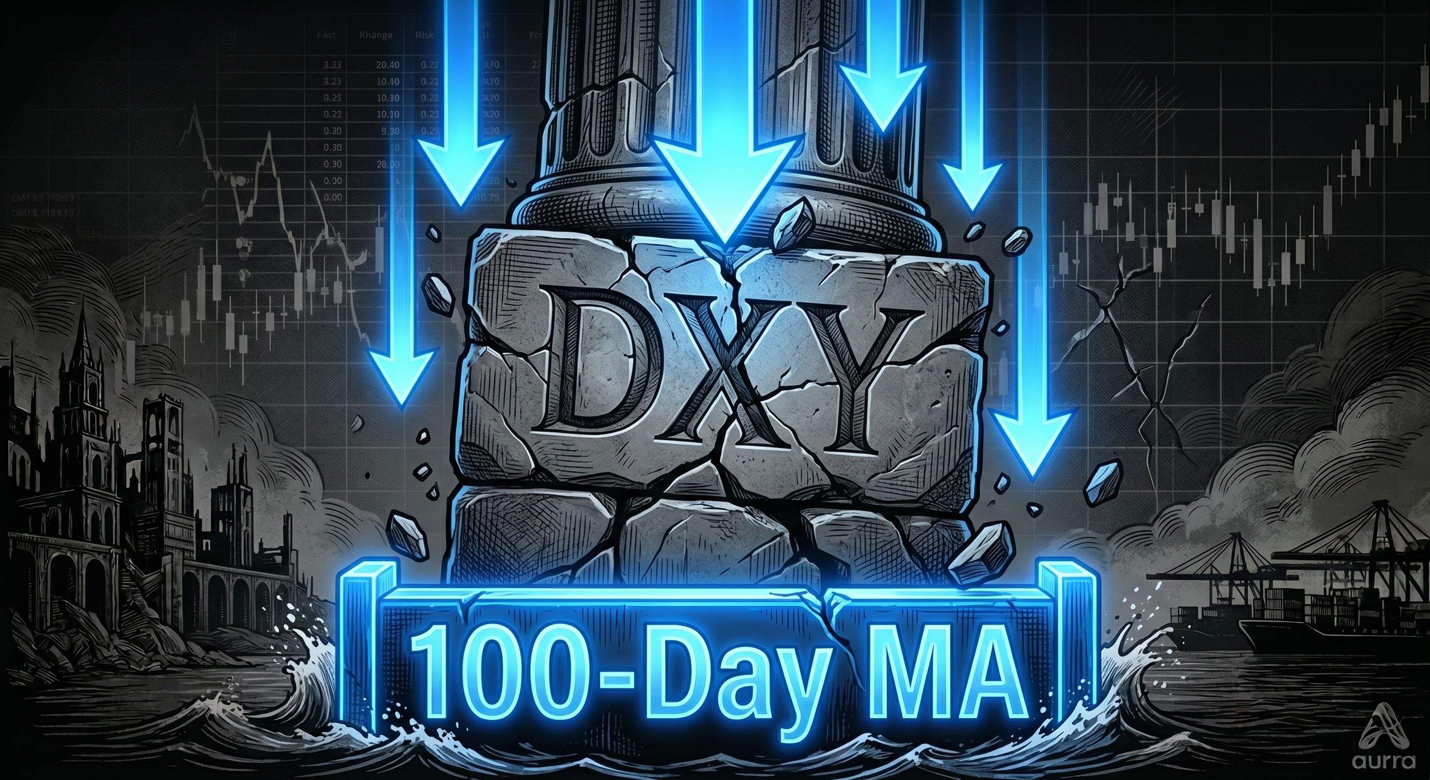 Illustration of a heavy stone column engraved with the letters DXY cracking under the pressure of downward blue arrows. At the base, a glowing blue barrier labeled 100-Day MA supports the crumbling structure, set against a dark background with financial candlestick charts.