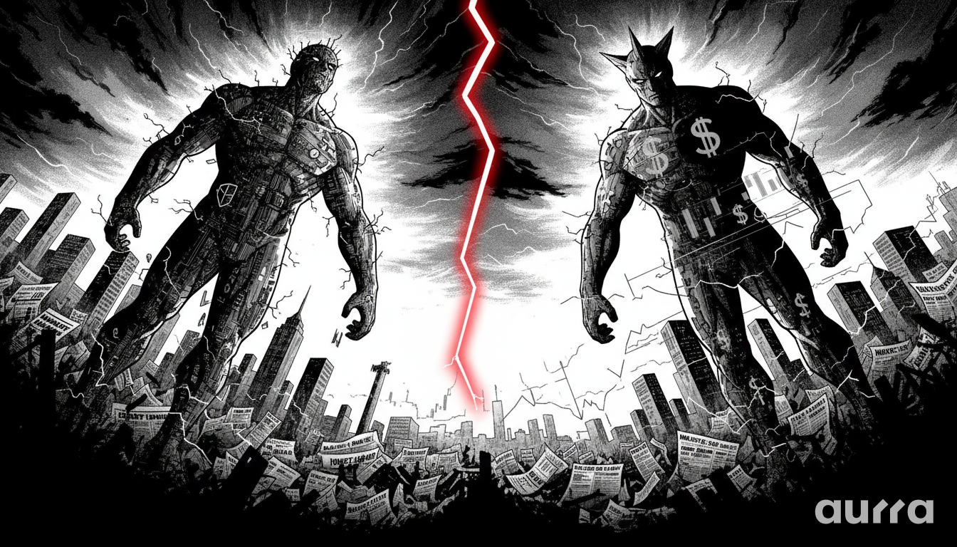 Noir-style illustration of two giant robotic titans clashing over a city, with one displaying dollar signs to represent the USD. A red lightning bolt divides them, symbolizing the rare market divergence.