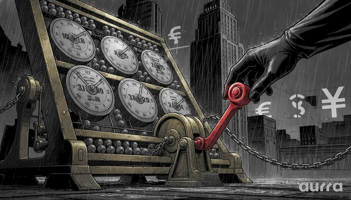 A sketch drawing in image_737f4d.jpg showing a gloved hand pulling a red lever on a machine with dials and beads, with currency symbols and city buildings in the background.
