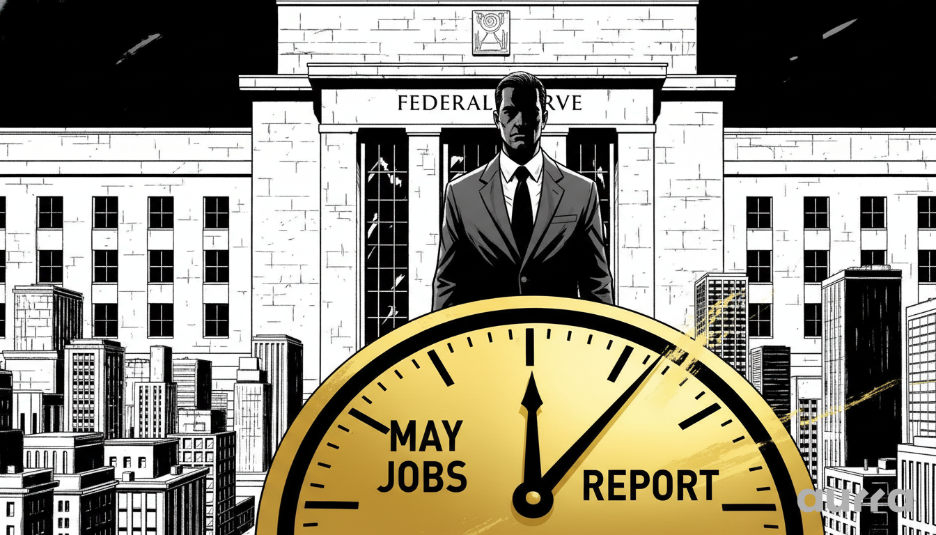 Noir-style illustration of a man in a business suit standing before the Federal Reserve building. In the foreground, a large golden clock face displays the text MAY JOBS REPORT, with the clock hands framing the text.