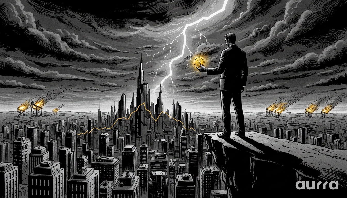 Noir-style illustration of a trader standing on a cliff edge holding a glowing gold coin, overlooking a city skyline and burning oil derricks under a stormy sky with lightning, representing safe-haven assets during geopolitical turmoil.