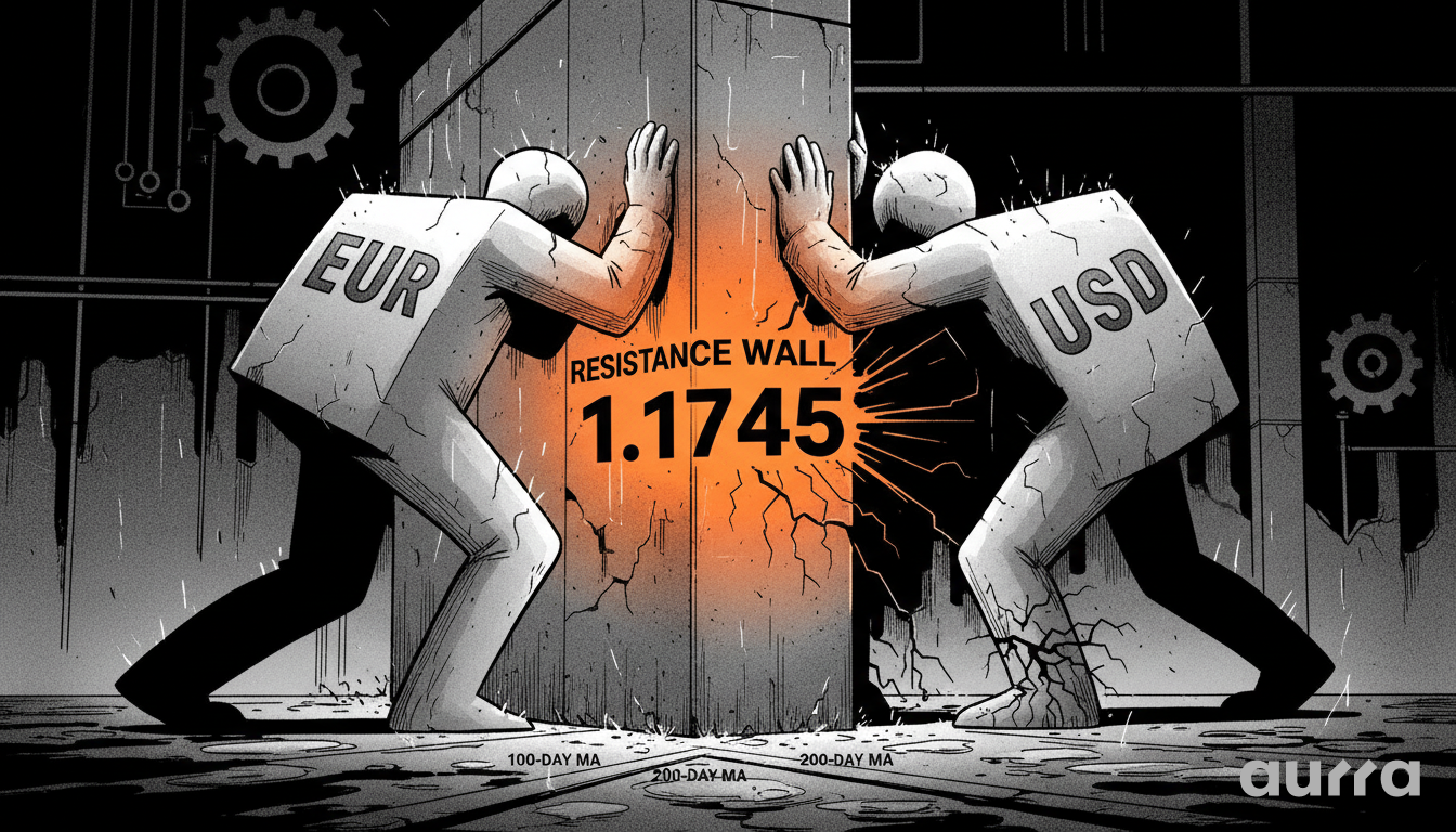 Illustration of two stone figures labeled EUR and USD pushing against opposite sides of a glowing orange resistance wall marked 1.1745. The floor shows lines for the 100-day MA and 200-day MA in a dark industrial setting.