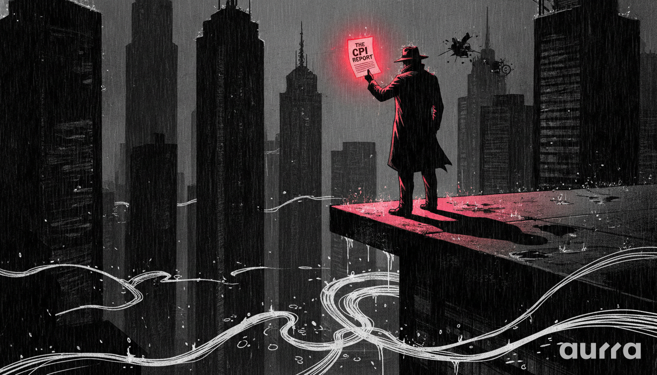 A black and white sketch drawing in image_f08f4a.jpg showing a man in a trench coat and hat standing on a rainy city rooftop holding a glowing red paper that reads THE CPI REPORT.