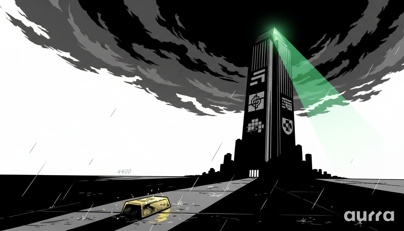 Illustration of a gold bar resting on a wet path marked 4400, leading toward a dark towering building emitting a green beam under storm clouds.