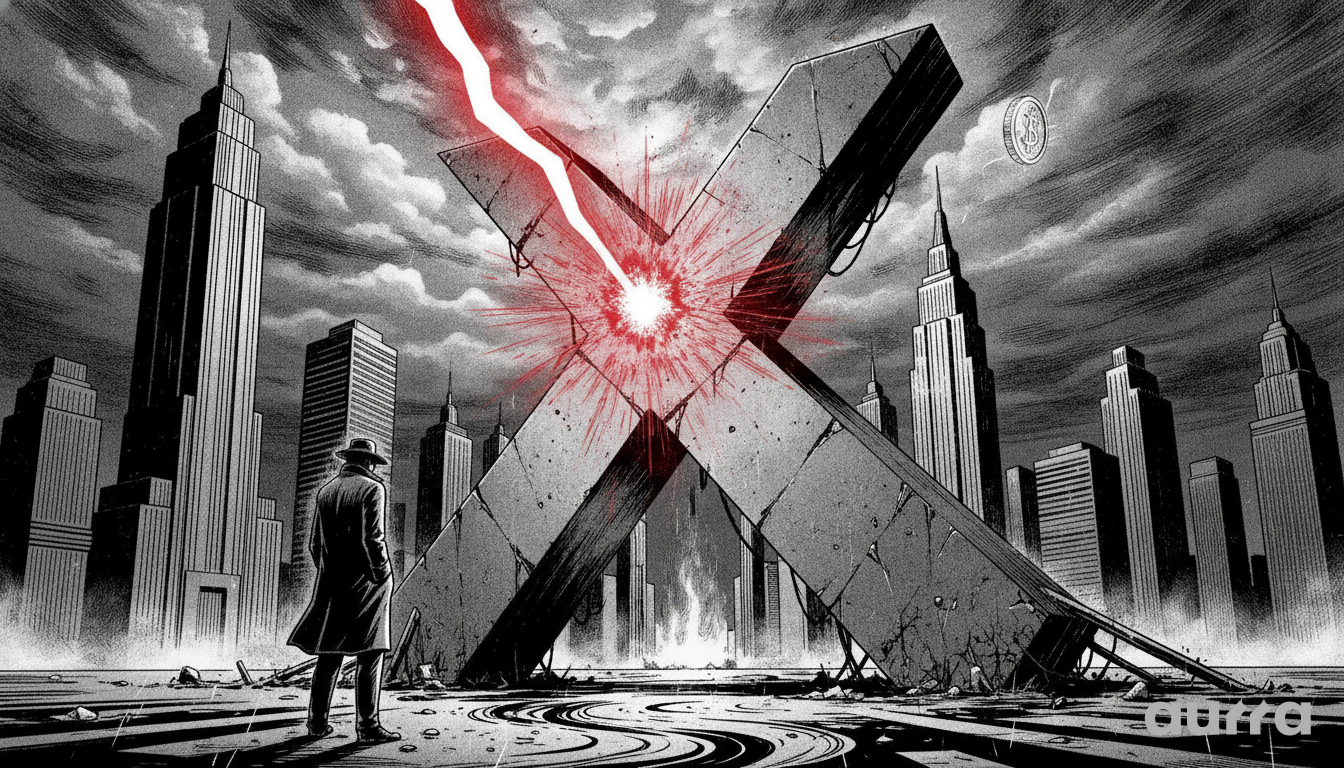 A black and white sketch drawing in image_e2b3b3.jpg showing a man in a trench coat looking at a giant concrete X structure hit by a red lightning strike in a city.