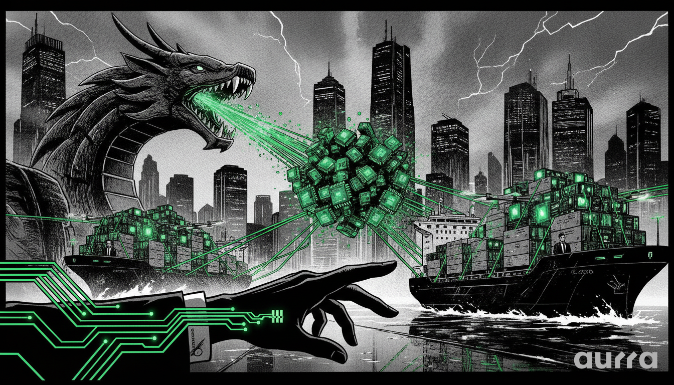 A sketch drawing in image_4cff63.jpg showing a dragon breathing a green beam that forms a cluster of glowing computer chips, connecting with green lines to cargo ships loaded with containers, while a hand with circuit board patterns reaches out in the foreground against a dark city skyline.