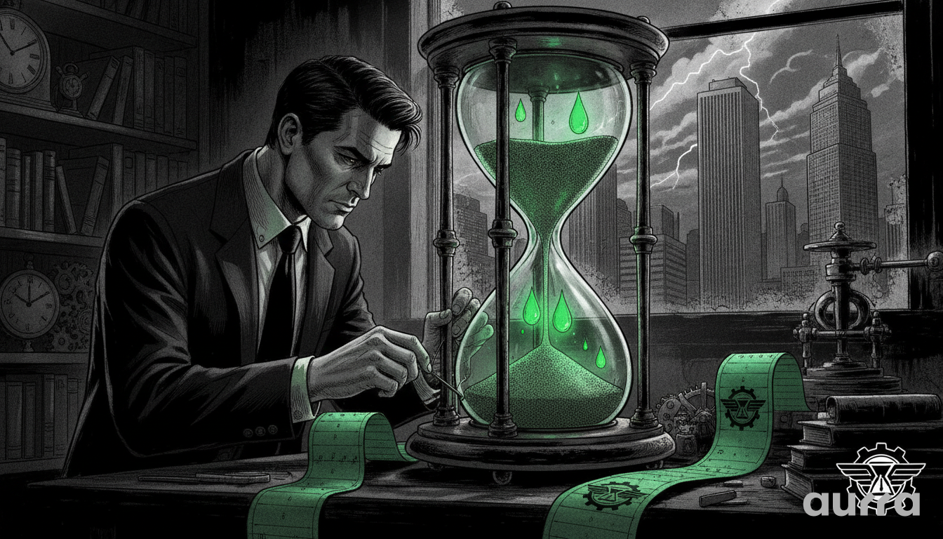 A sketch drawing showing a man in a dark suit sitting at a desk, using a small tool to carefully adjust the base of a large hourglass filled with glowing green sand and liquid drops. A strip of green ticker tape runs across the table next to a mechanical gear device, while a stormy city skyline with lightning strikes is visible through the window in the background.