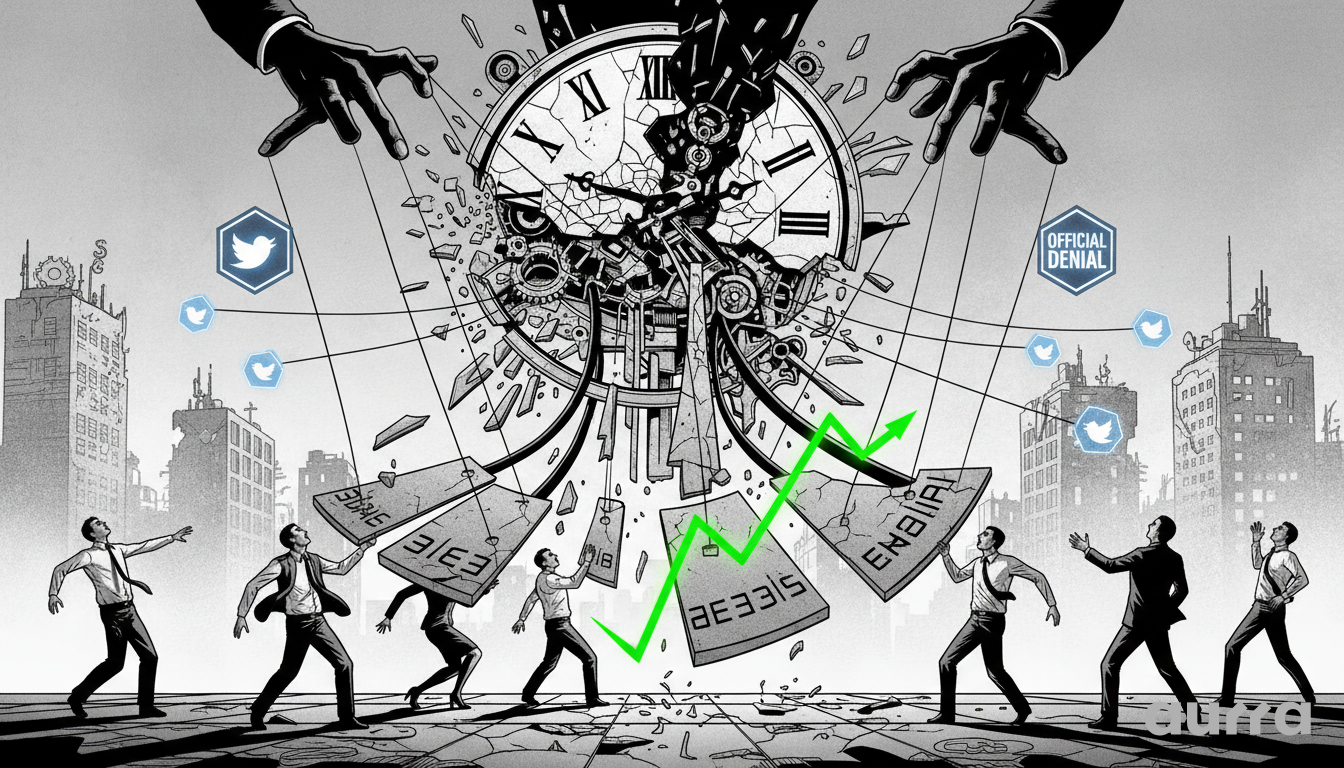 Illustration of giant puppet hands manipulating a broken clock over panicked business people, featuring social media bird icons, an official denial sign, and a green trend line.