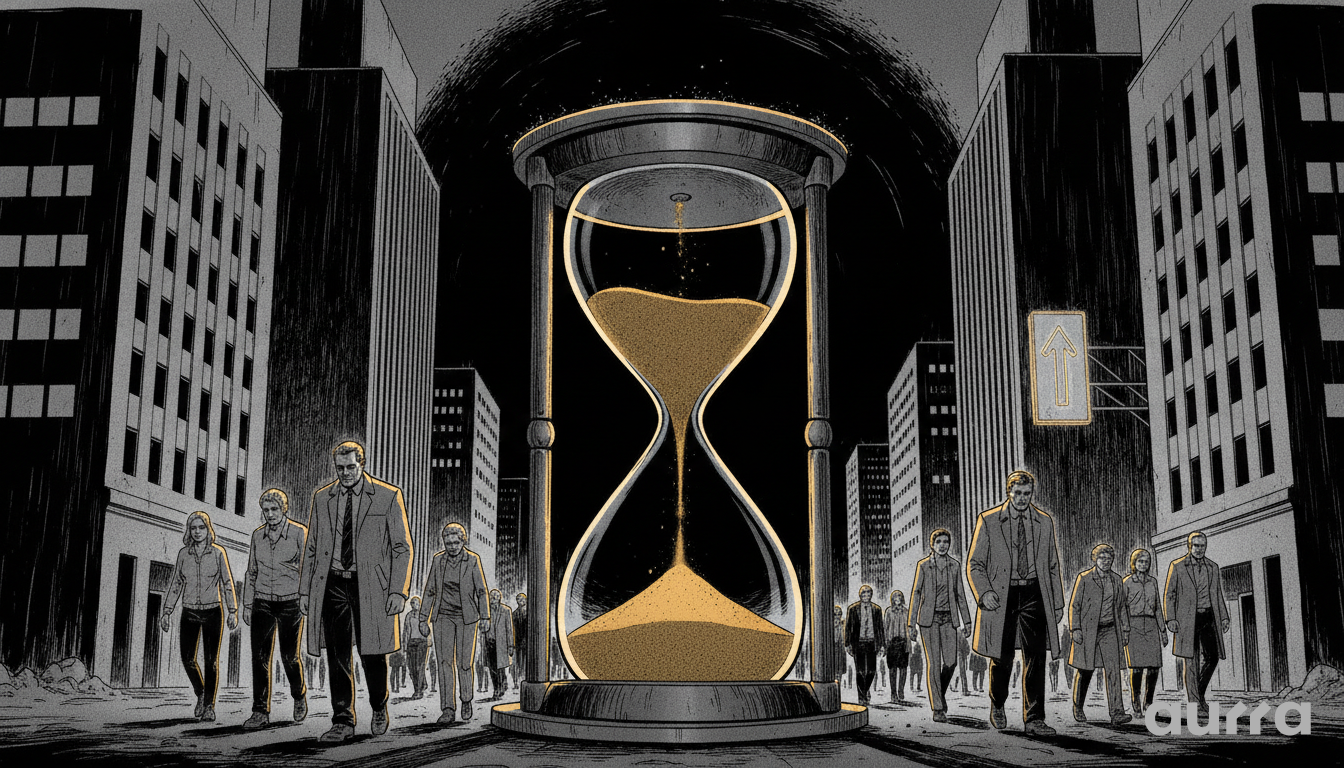 A black and white sketch drawing in image_b3a29e.jpg showing a massive hourglass standing on a city street as crowds of workers walk past it.