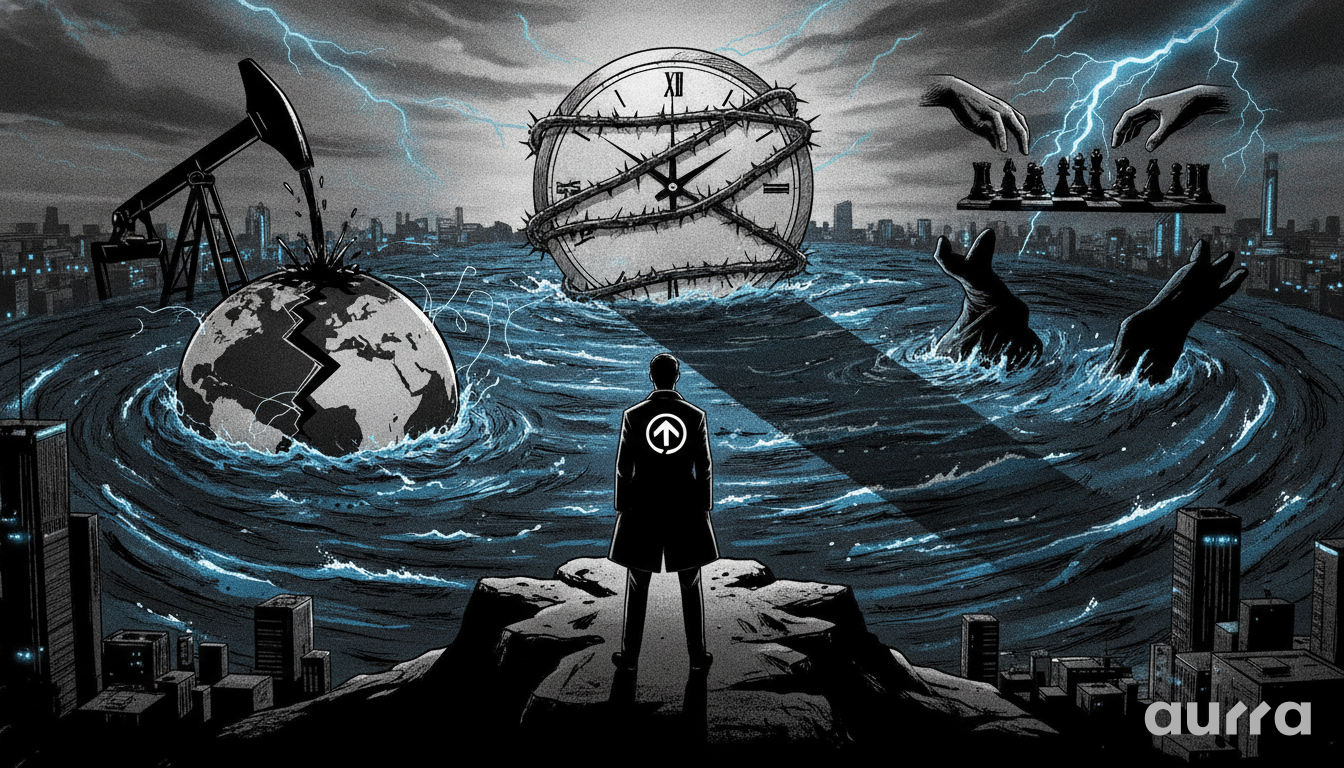 A noir-style illustration shows a man standing on a cliff overlooking a stormy sea with a cracked globe, an oil pumpjack, a clock wrapped in barbed wire, and a chessboard under lightning.