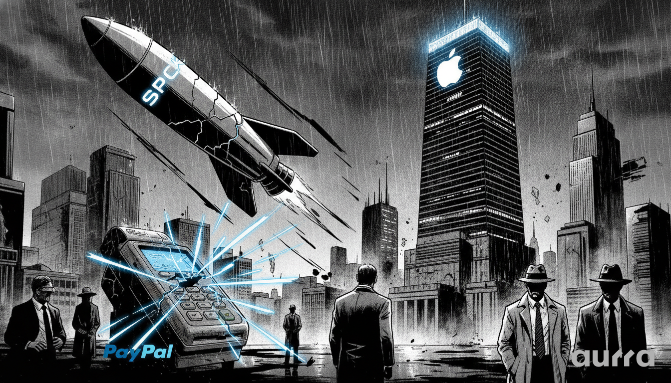 A sketch drawing in image_75e433.jpg showing a cracked rocket labeled SPCX flying through a rainy city near a skyscraper with a glowing Apple logo, while a PayPal terminal sparks on the ground and men in suits look on.