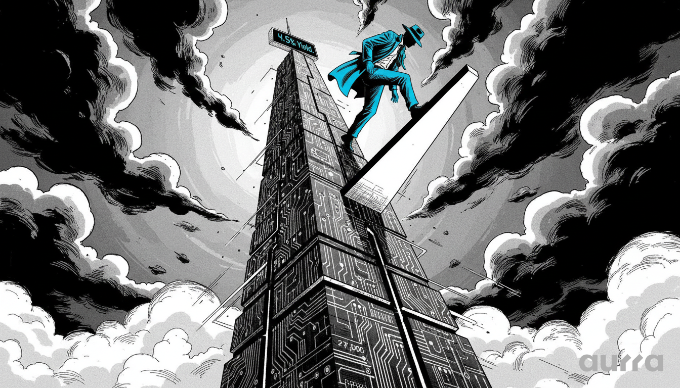 Illustration of a man in a blue suit walking on a white plank extending from a tall skyscraper covered in circuit board patterns. A sign reads 4.5% Yield at the top, and the number 27,000 appears near the base, representing the precarious technical levels of the tech rally.