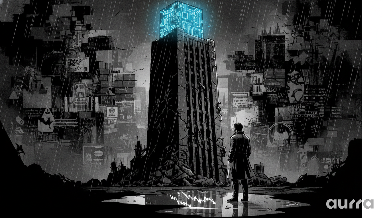 Noir-style illustration of a man in a trench coat standing in the rain, looking at a tall monolithic tower topped with a glowing blue microchip cube. A jagged downward-trending line chart reflects in a puddle at his feet