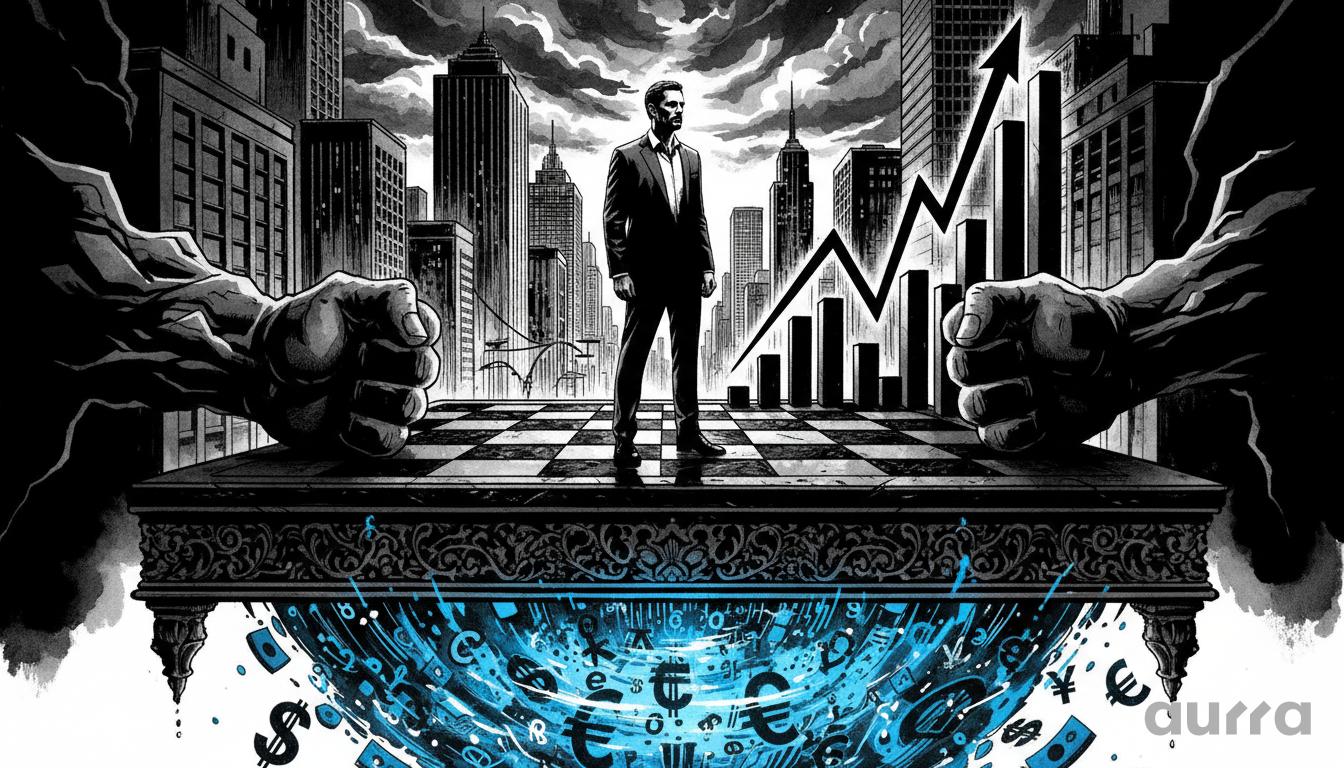 Noir-style illustration of a businessman standing resolutely on a chessboard as giant fists slam down around him, supported by a swirling blue vortex of global currency symbols and backed by an upward-trending financial chart, symbolizing strategic navigating of market volatility.