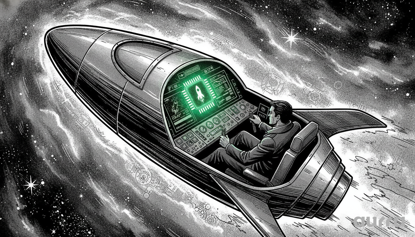 A sketch drawing in image_801b3a.jpg showing a man in a dark suit piloting a retro-futuristic spacecraft through starry space. The cockpit features a glowing green screen displaying a rocket icon and telemetry data, surrounded by instrument dials and controls.