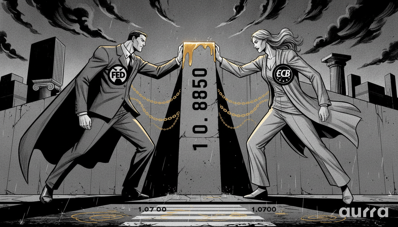 A sketch drawing in image_71aedd.jpg showing a man in a cape labeled FED and a woman in a suit labeled ECB pushing against a glowing block labeled 1.0850, with 1.0700 written on the ground below.