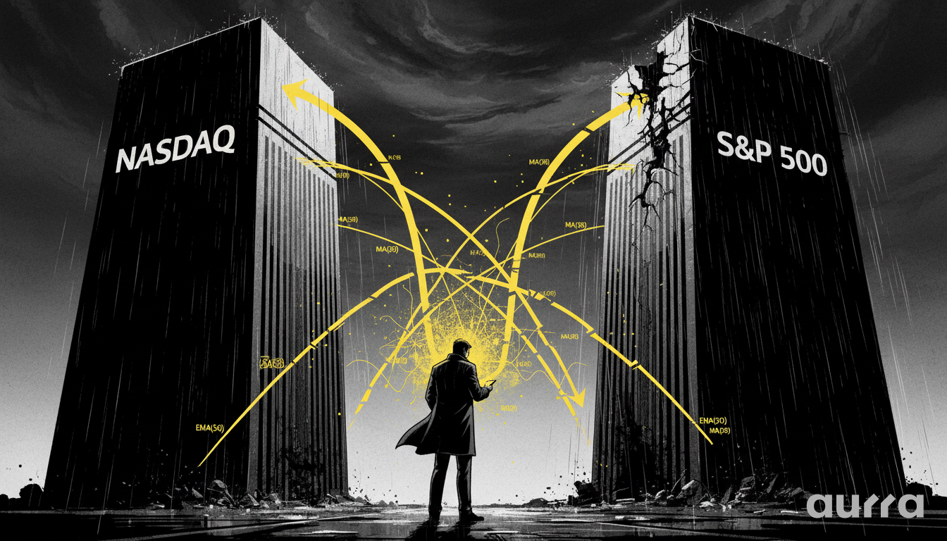 Illustration of an investor observing glowing yellow market trend lines bouncing between two towering dark buildings labeled NASDAQ and S&P 500 in the rain.