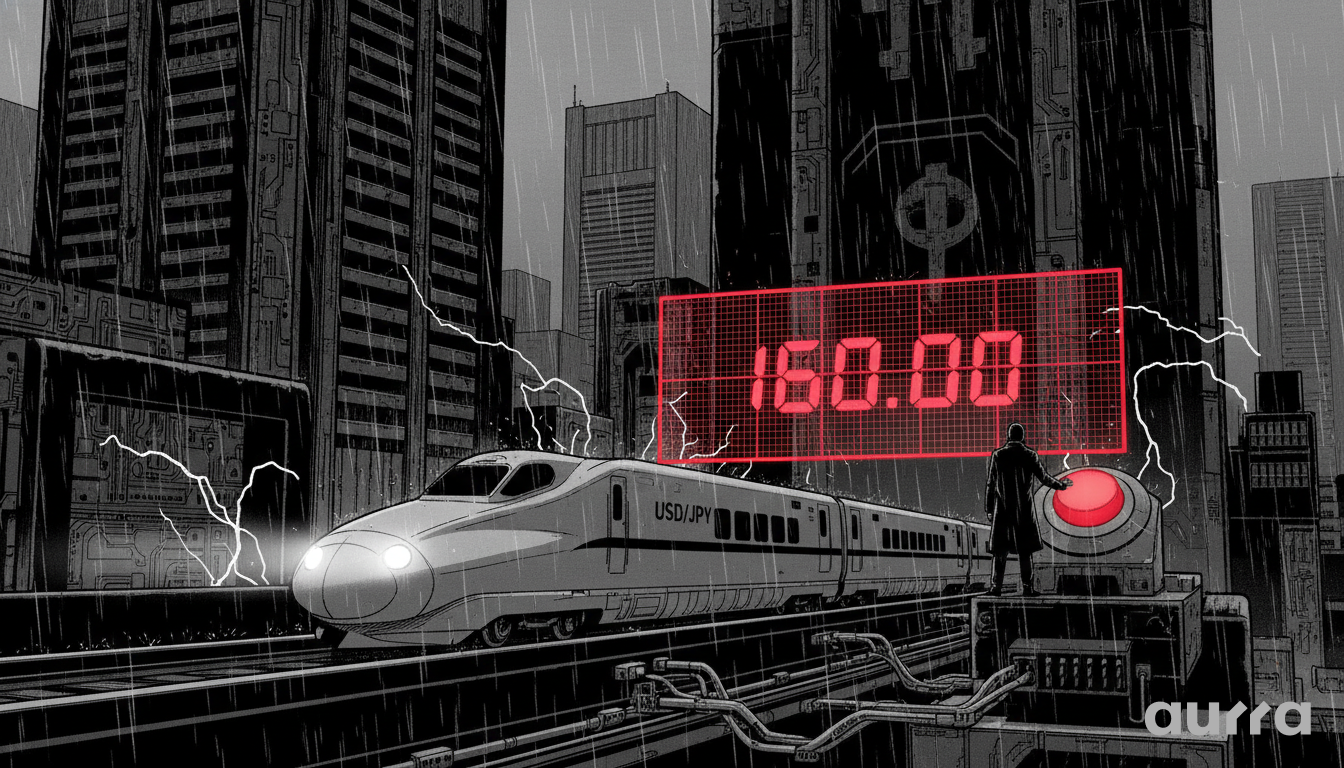 Noir-style illustration of a high-speed train labeled USD/JPY racing toward a man standing by a large red button. Above the train, a glowing red digital display reads 160.00 amidst a stormy, cyberpunk cityscape, symbolizing the impending Bank of Japan intervention level.