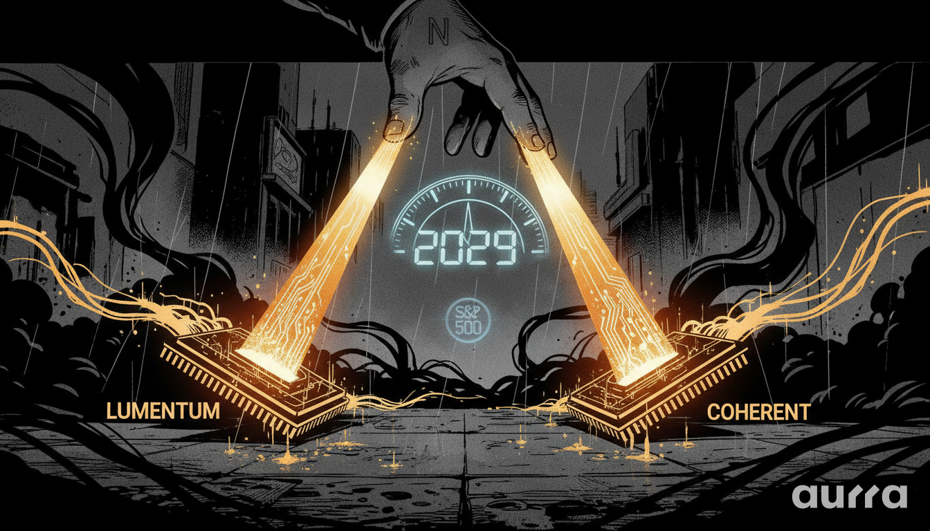 Noir-style illustration of a large hand placing glowing tech beams onto Lumentum and Coherent microchips, with a gauge reading 2029 and an S&P 500 logo, symbolizing the long-term investment in photonics.