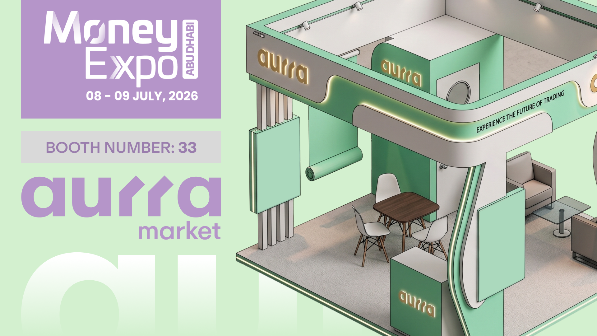 Promotional banner for Aurra Market at the Money Expo Abu Dhabi on July 8–9, 2026.