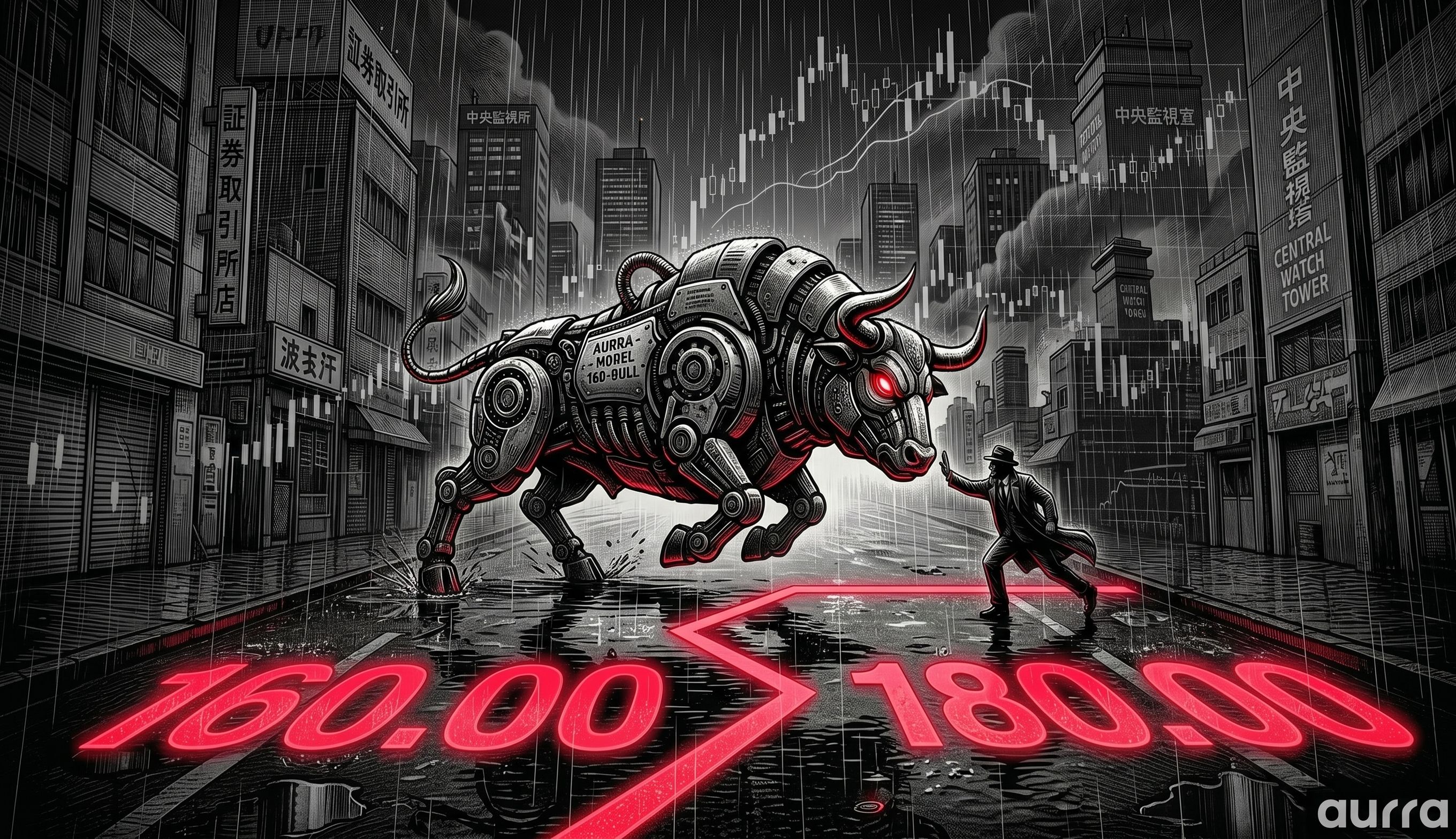 Illustration of a massive glowing red line painted across a dark Japanese city street with the number 160.00 on it. A large mechanical bull charges toward the line, while a shadowy official in a suit holds up a hand to stop it. Rain falls heavily over faint financial candlestick charts in the background.
