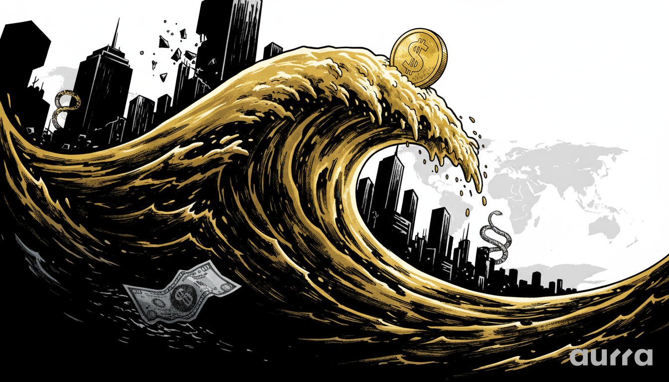 A noir-style illustration of a massive, glowing golden wave crashing into a city, with a large golden coin at the crest and a crumpled dollar bill and a snake submerged in the dark water below, representing a surge in gold's value.