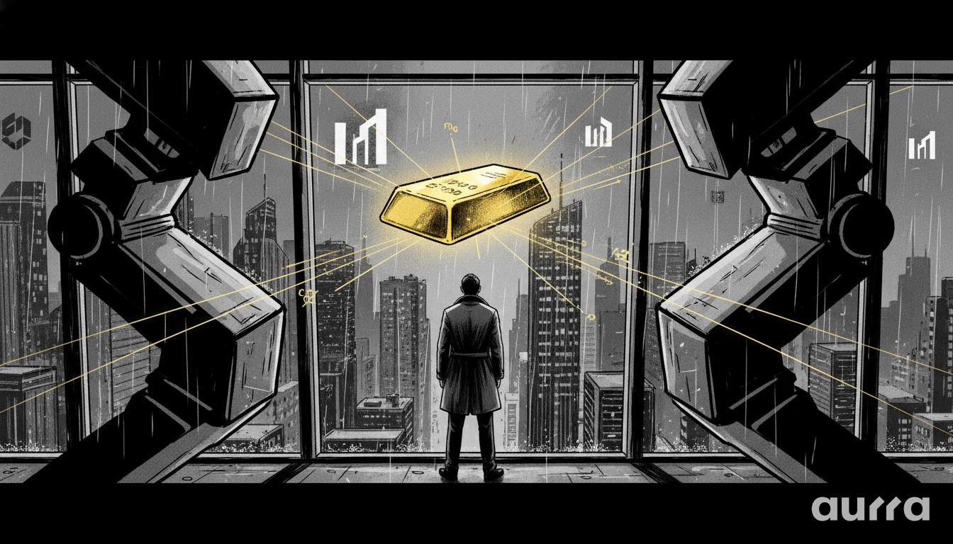Illustration of an investor in a trench coat looking out a window at a glowing gold bar floating above a rainy city, framed by two large robotic arms and floating chart icons.