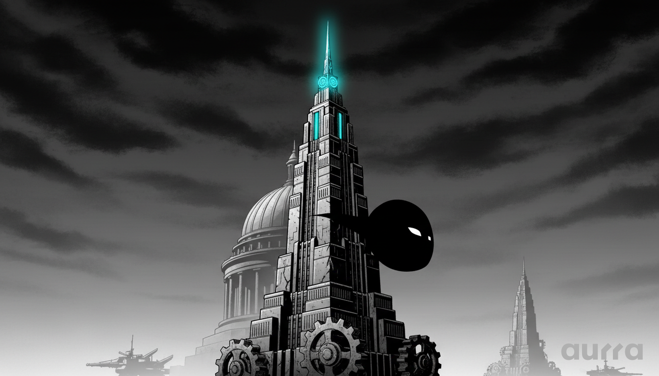 Illustration of a tiered skyscraper with glowing teal lights and gears at the base, labeled with S&P 500 technical levels. A shadowy orb floats nearby against a dark sky with a dome in the background, representing market concentration risks.