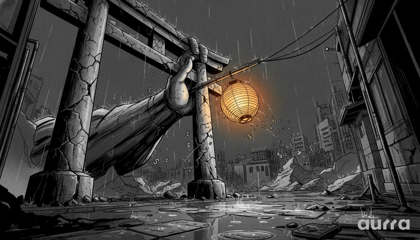 A sketch drawing in image_cb0afc.jpg showing a massive stone hand gripping a cracked traditional Japanese torii gate. A glowing paper lantern hangs from the gate, casting light on a dark, rainy street with ruined buildings and falling Yen symbols.