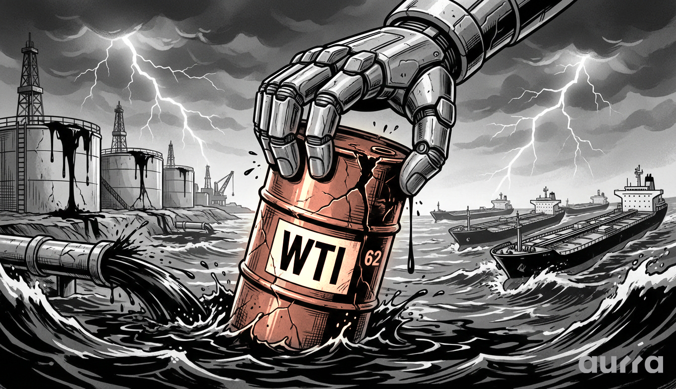 Noir-style illustration of a businessman overlooking a fractured oil landscape with a single glowing green rig, symbolizing the market's struggle to find momentum amidst oversupply.