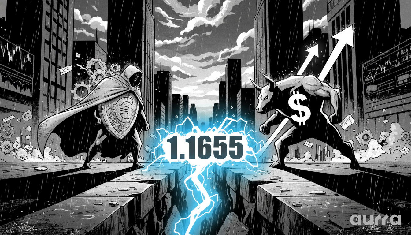 Noir-style illustration of two men in suits, representing the Fed and ECB, standing on a giant clock face. A glowing red line separates them, symbolizing the 1.1655 resistance level and the monetary policy divergence driving the EUR/USD pair.